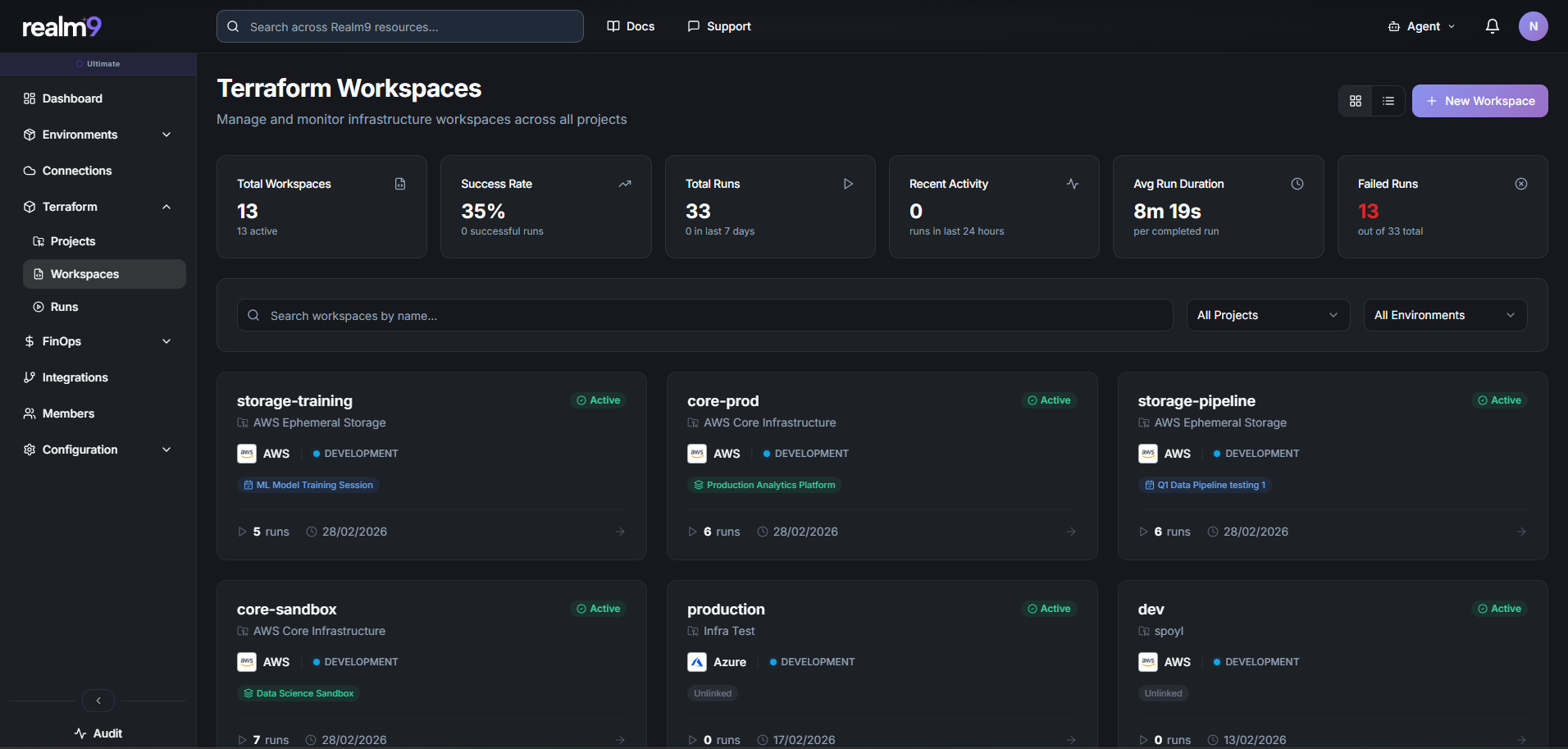 Realm9 Terraform workspaces with run status, cloud providers, and lifecycle stages